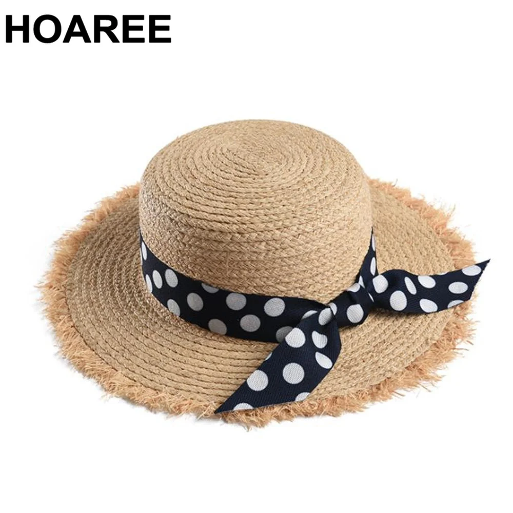 

HOAREE Ladies Sraw Hat Summer SunHat Wide Brim Boater Hat For Women Dot Bow Desinger Brand 2021 Female Beach Fedoras Hat