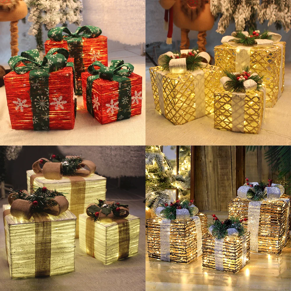 

15/20/25cm 3pcs/Set Hollowed Out Christmas Decoration Led Gift Box With Bow 220V 100 Lights Iron Box New Year Home Party Supplie