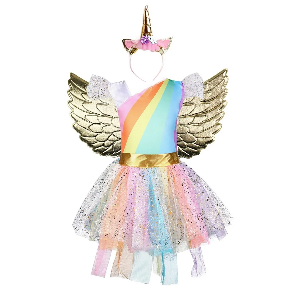 Радужное платье-пачка с повязкой на голову и крыльями для девочек костюм дня