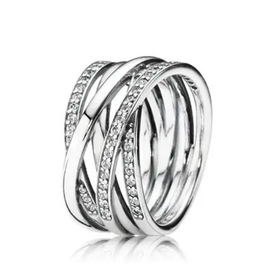 

925 Sterling Silver Pan Ring OPen work Eternity Entwined Crystal Rings For Women Wedding Party Gift Fashion Jewelry