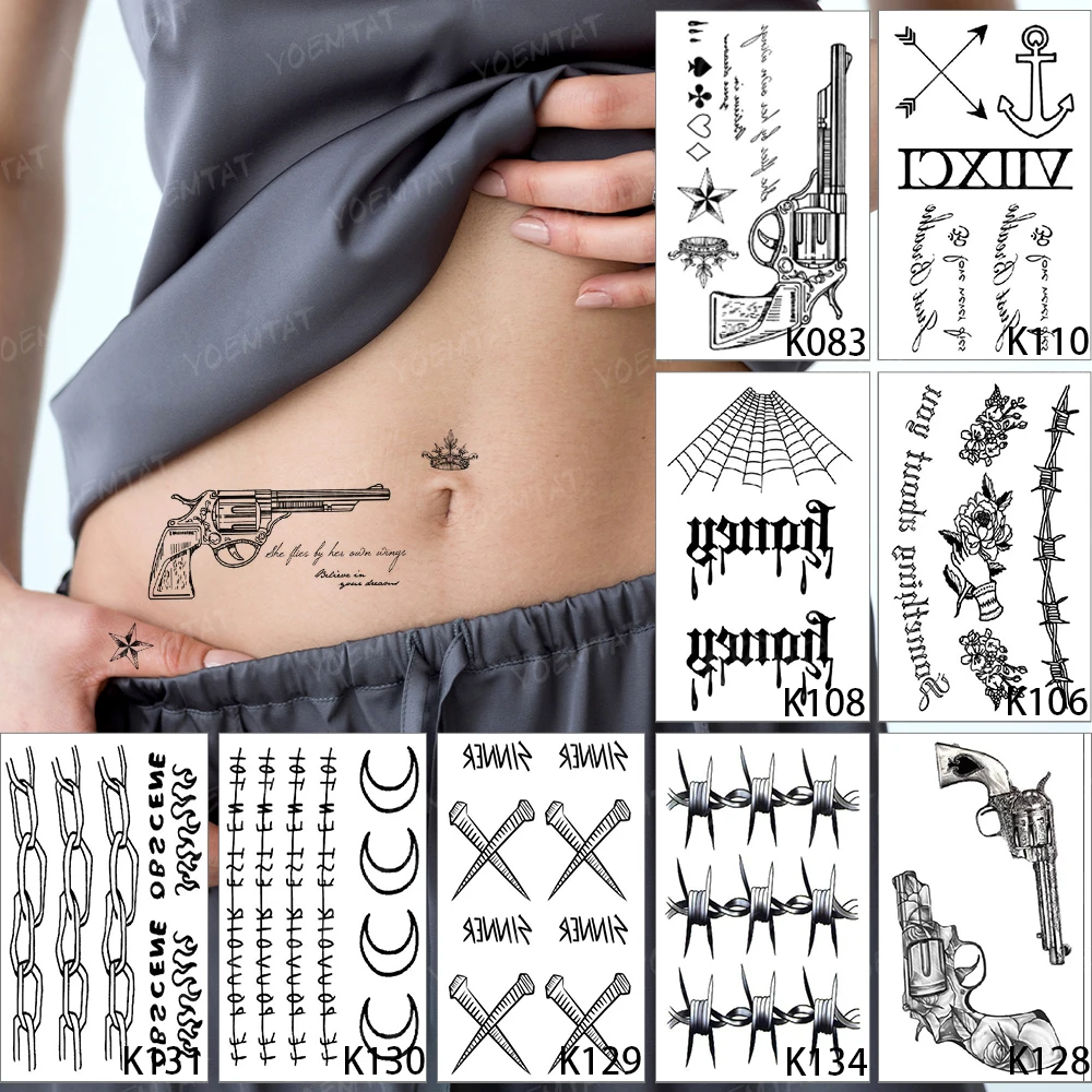 

9pcs/Lot Waterproof Temporary Tattoo Sticker Gun Crown Black Word English Thorns Chain Flame Totem Body Art Fake Tatto Man Woman