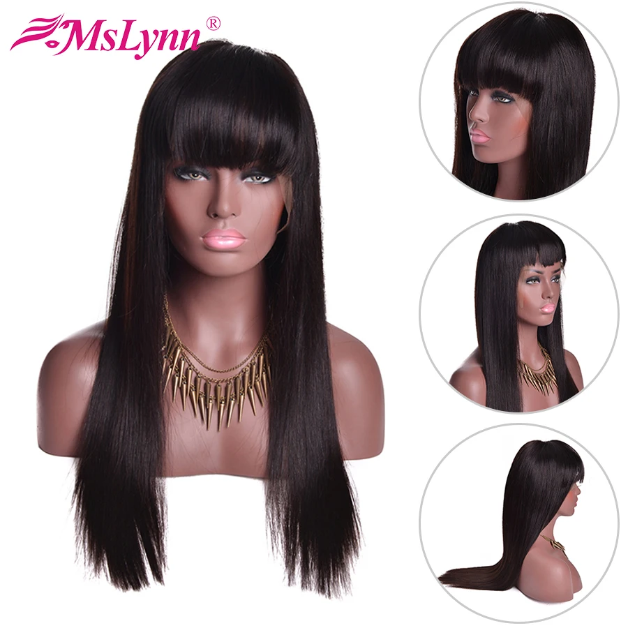 Парики из человеческих волос на сетке спереди с челкой парик прямых