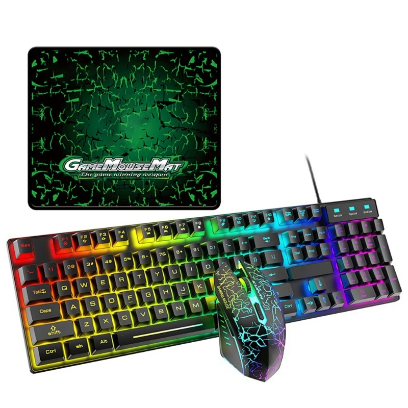 

T6RGB Luminous Wired Gaming Keyboard and Mouse Set with Large Mouse Pad USB Colorful Backlit Mechanical Feel Keyboard