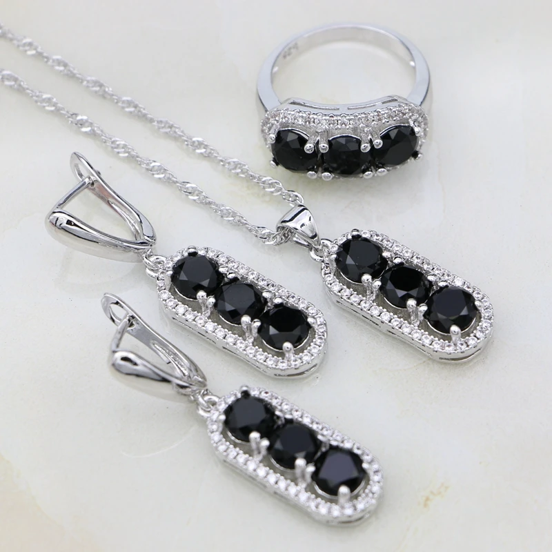 

925 Sterling Silver Jewelry Sets For Women Black Round CZ White Crystal Gift Of Anniversary Earring Pendant Necklace Ring Set