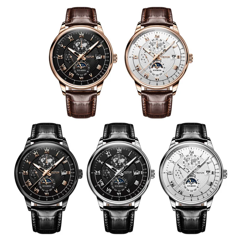 

Новинка 2021, часы Jinshidun, многофункциональные стальные hanical часы, влагостойкие Мужские часы с кожаным ремешком, мужские часы