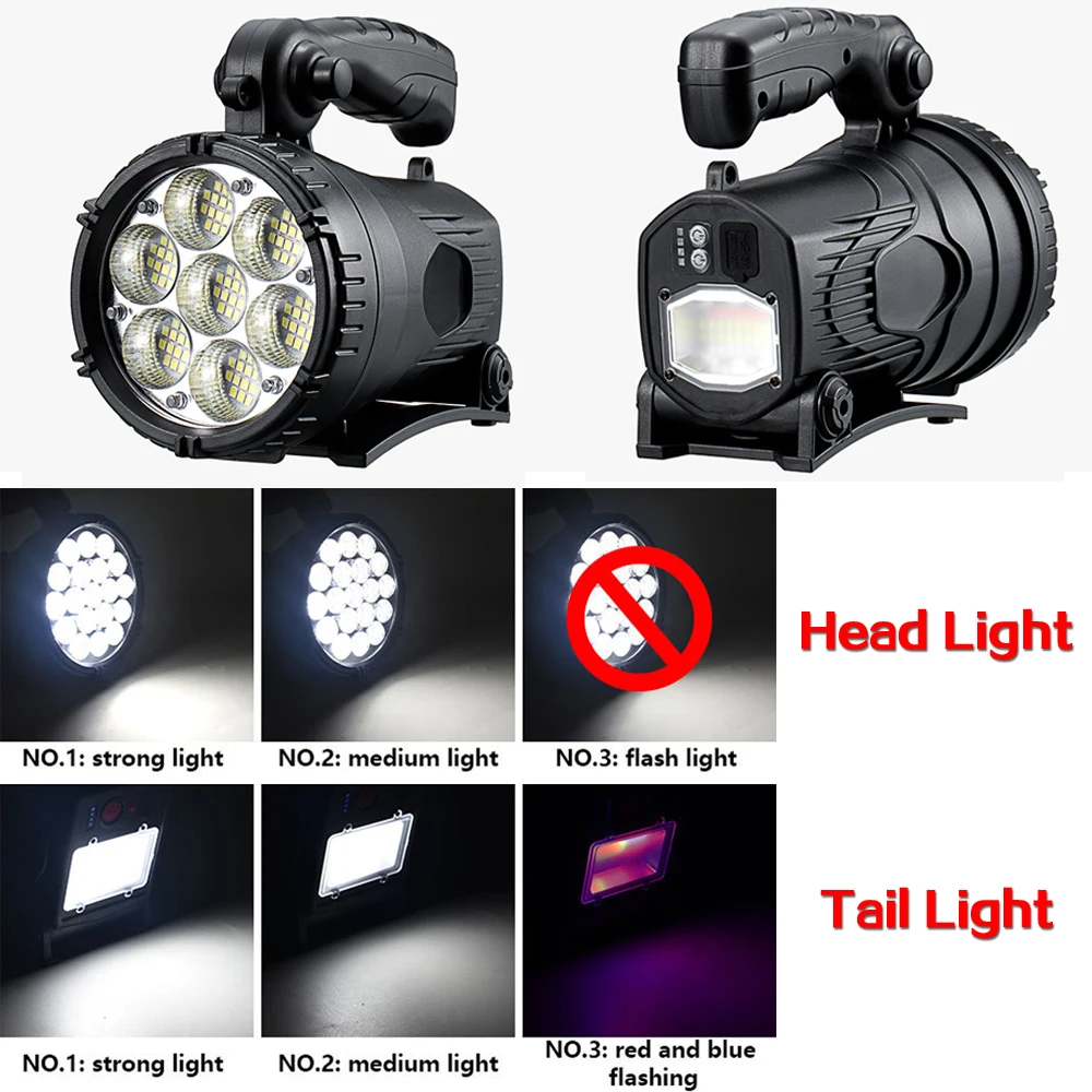 구매 야외 핸드 헬드 LED 손전등 USB 충전식 토치 고출력 강한 빛 서치 스포트 라이트 방수 작업 빛