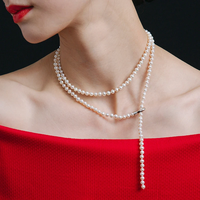 white pearl necklace Модное Длинное Ожерелье из натурального пресноводного жемчуга для женщин, настоящее маленькое белое жемчужное ожерелье 85 см хороший подарок ювелирные изделия - Цвет камня: white pearl necklace