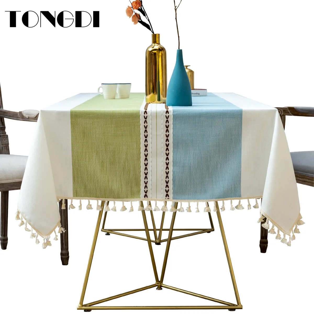 

TONGDI Table Cloth Mediterranean Linen Spliced Lace Embroidery Durable Environment Decoration For Home Living DiningRoom Kitchen