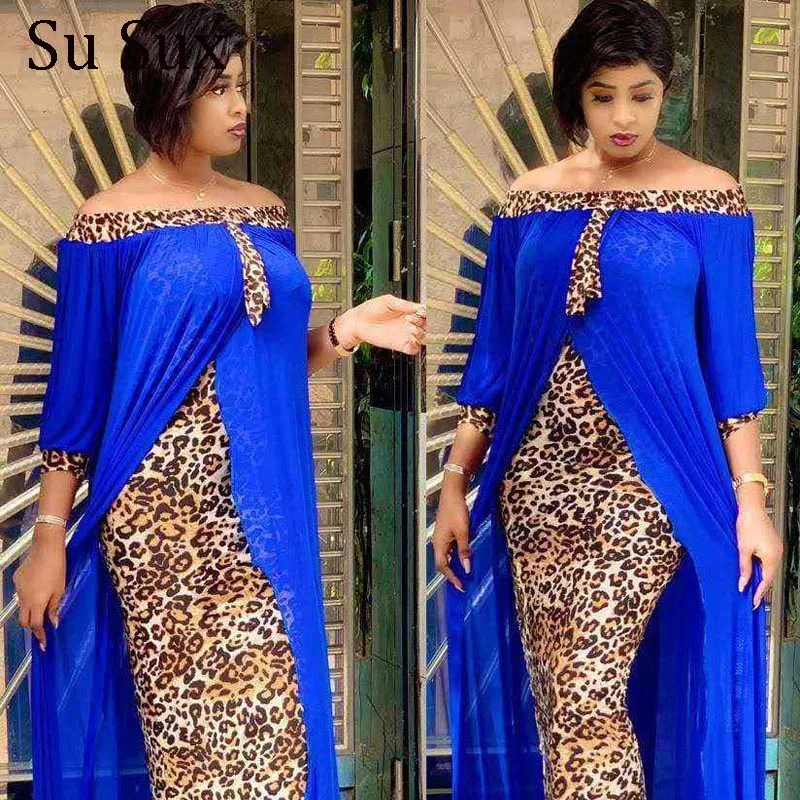 African Dress Plus Size Clothing African Clothes Robe Chiffon Patchwork Leopard Slash Neck Long Dress Loose Vestidos Female 2020