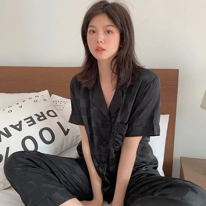 

Pajamas Set Spring Summer Women Sleepwear Nightwear Silk Rayon Short Sleeve Pyjama Pour Femme Loose Casual Home Clothes Pijamas