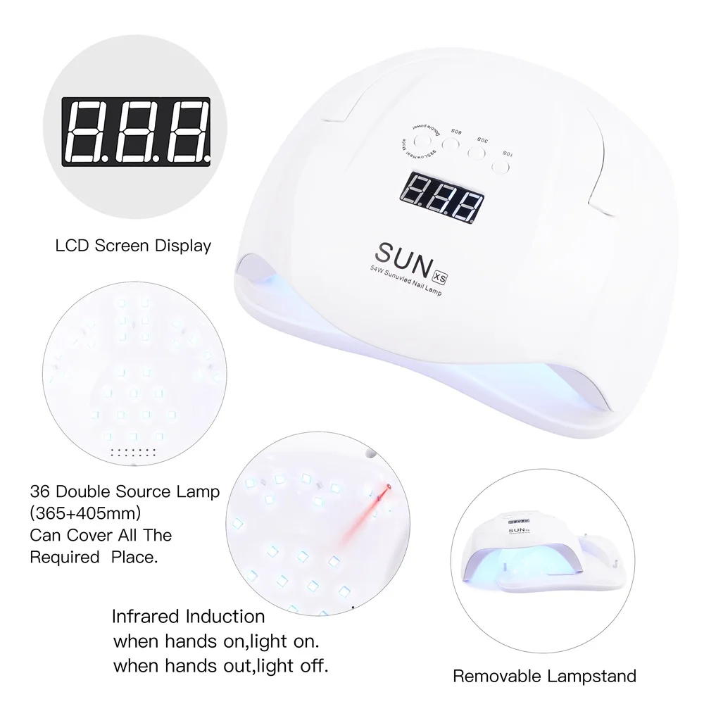 54W SUN XS UV Lamp LED Two Hands Nail With LCD Display For All Gels Smart Time Sensor 10/30/60S Curing Polish | Красота и здоровье