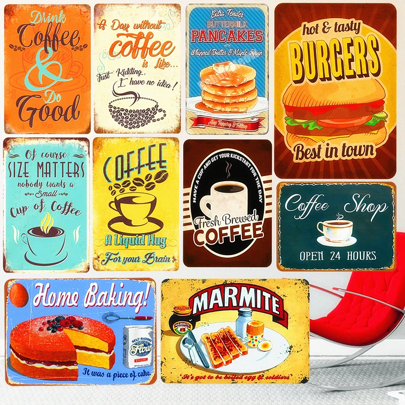 

Coffee Vintage Metal Tin Signs Cake Dessert Hamburger Plaque Poster Bar Pub Bakery Wall Cafe Home Decor Plates Stickers A677