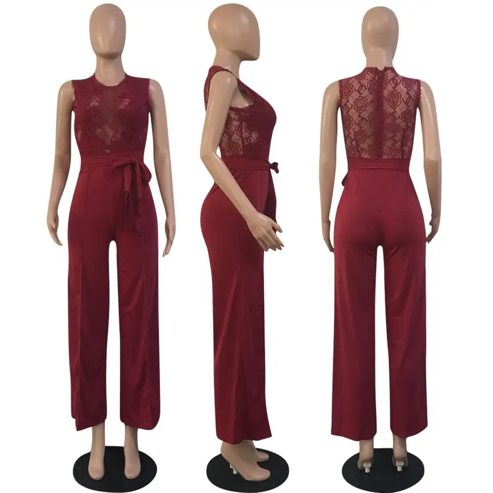 burgundy jumpsuit Adogirl Sexy Sheer Lace Applique Casual Jumpsuit Solid Black White Red Sleeveless Romper with Belt Women Wide Leg Pants Overalls - Цвет: burgundy jumpsuit