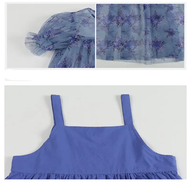 

Baby Girls Fashion Blue Mesh Vest Dress Two Pieces Design Summer Casual Dresses New Clothes For Kids Teens 4 5 7 8 9 11 13Years