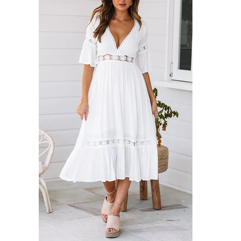 

Elegant White Women Dress Sexy V-Neck Lace Patchwork Flare Sleeve High Street Long Midi Female Beach Dresses Plus Size
