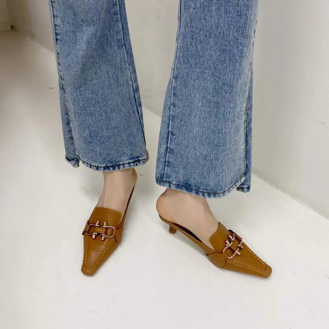 

2021 Early Spring Women's Shoes High Heel Small Pointed Square Toe Stiletto British Versatile Mules