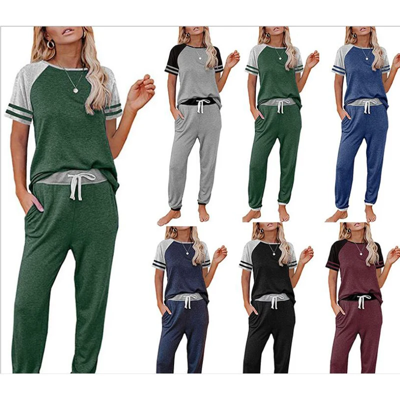 

2021 European And American Women's Leisure Sports Short Sleeve Pocket Trousers Contrast Stripe Two- Suit M6086