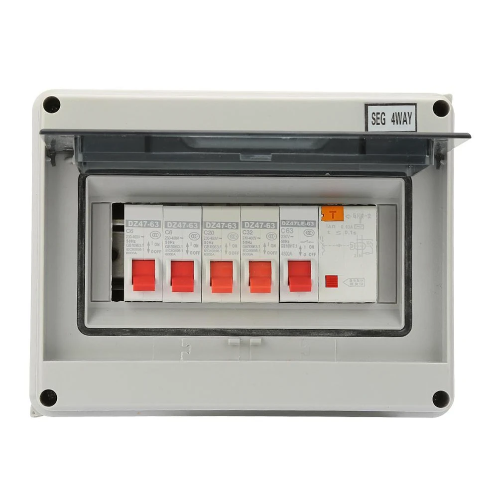 

4 Way Consumer Unit Circuit Breaker Panel Mini Leakage Circuit Breaker IP65 Waterproof 63A 30mA RCD+4MCB 2x6A+20A+32A