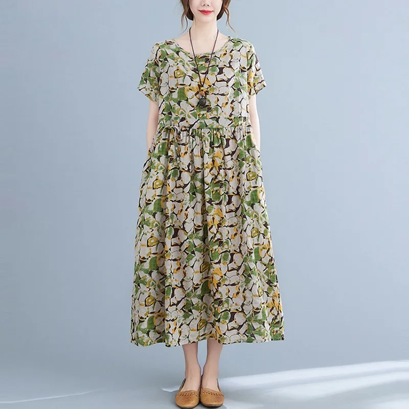 

Women Summer Cotton Linen Casual Dress New 2021 Arts Style Vintage Print Loose Comfortable Female A-line Long Dresses B420