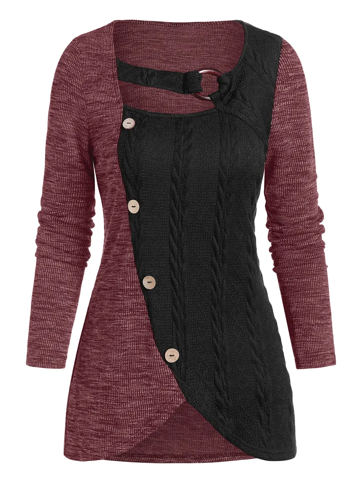 ROSEGAL Women Pullover Sweater Cable Knit Mock Button O-Ring Ribbed Contrast Scoop Neck Cut Out Asymmetric Long | Женская одежда