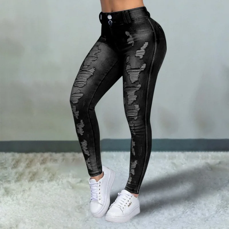 

Washed Ripped Jeans Women Pants Korean High Waist Trousers Skinny Denim Jeans Black Blue Hollow Bleached Pencil Women Pants