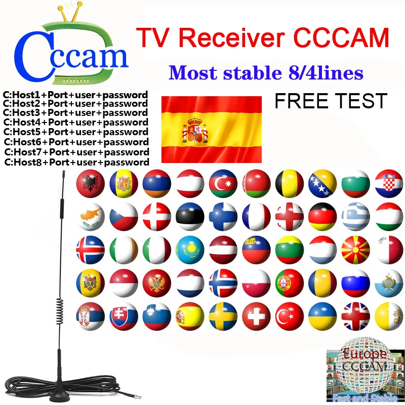 

Cccam 7 cline for Europe Spain Germany Portugal Poland Stable Receptois com patible with speaker satellite TV DVB-S2