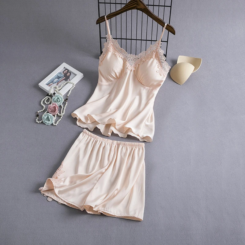 

Lace Pajamas Set Women Sleepshirts Suit Sleeveless Bathrobe V-Neck 2PCS Sleep Robe Nightshirts Strap Gown Chest Pads Sleepwear