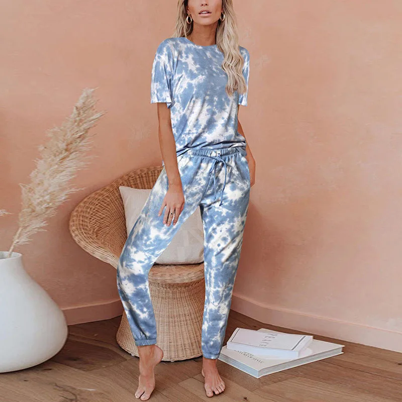 

Women Tie Dye Printed Casual O-neck Short Sleeve Shirt & Pant Loungewear Suits Two Piece Pants Set