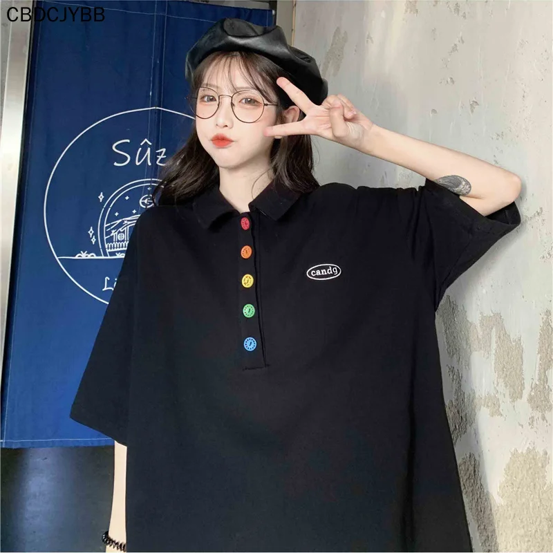 

Japanese polo shirt short-sleeved t-shirt female loose Korean version ins tide student Harajuku style half-sleeved T Shirts 2021