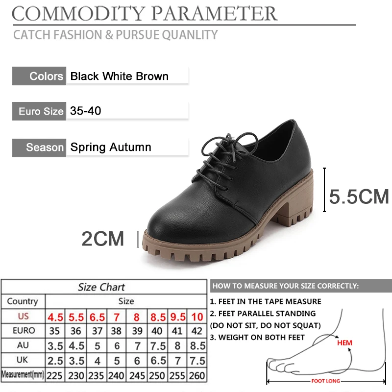 

BYQDY Black White Brown Woman Pumps Chunky High Heels Shoes PU Wear All Seasons Round Toe Platform PU Lace Up Dress Lady Shoes