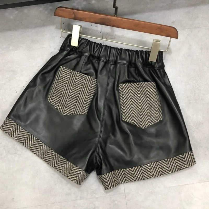 

Style Women Punk Elastic Waist Shorts Casual Streetwear Patchwork Female Motorcycle Sheepskin Genuine Leather Wide Leg Shorts