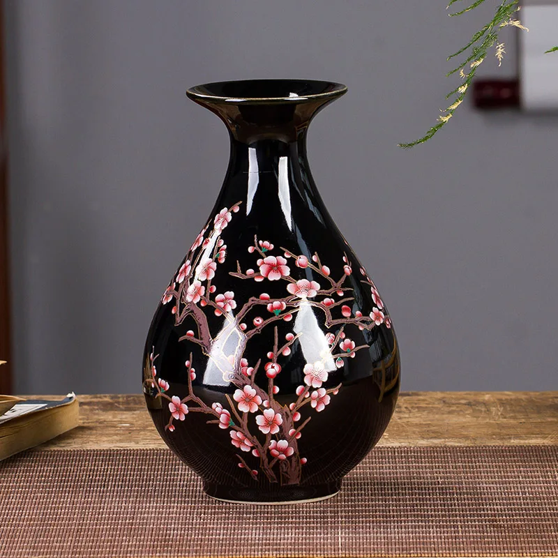 

Керамическая маленькая ваза в китайском стиле, черная глазурованная слива, Цветочная композиция для гостиной, полка, декоративное искусств...