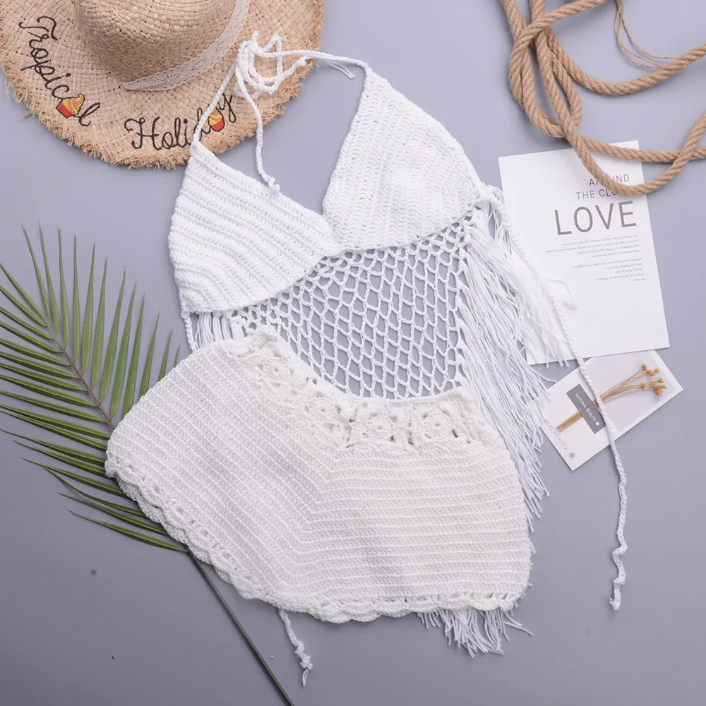 

WILK summer beach knitting hollow out hand hook fringed strap boxers eBay fission swimsuit suit dress with lace