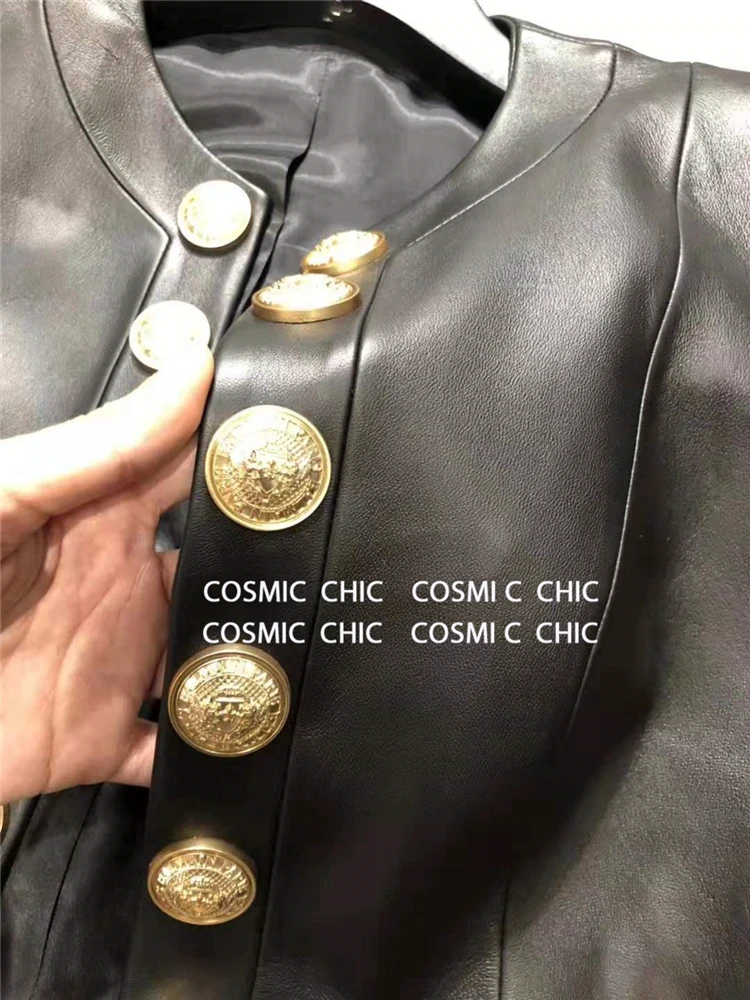 Cosmicchic Женская куртка из овечьей кожи черная Золотая кнопка-застежка куртка из натуральной кожи женская короткая куртка из овечьей кожи на пуговицах льва