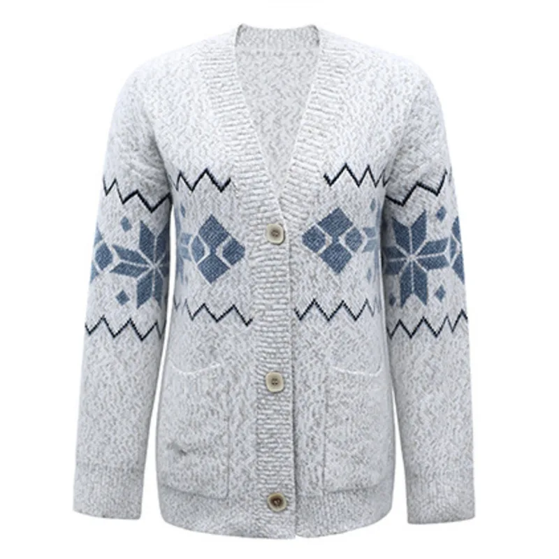 

Autumn Winter Snowflake Print Cardigan Women Long Sleeve Knitted Sweater Coat Single Breasted Pocket Casual Loose Cardigans 2021