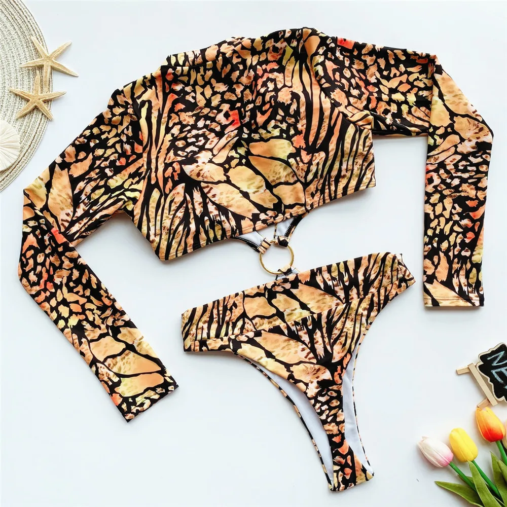 

Print Ring Decor Hollow Out One-piece Swimsuit Bikini Irregular Long-sleeved Swimwear Women High Waist Deep V-Neck Bathing Suits