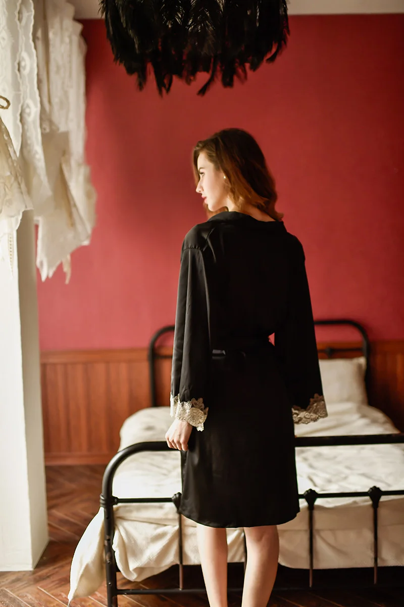 Black Robe Новые пижамы, летняя Домашняя одежда, удобные, однотонного цвета, дышащие, сексуальные, дамские халаты и платья, комплект, модный халат на заказ - Цвет: Black Robe