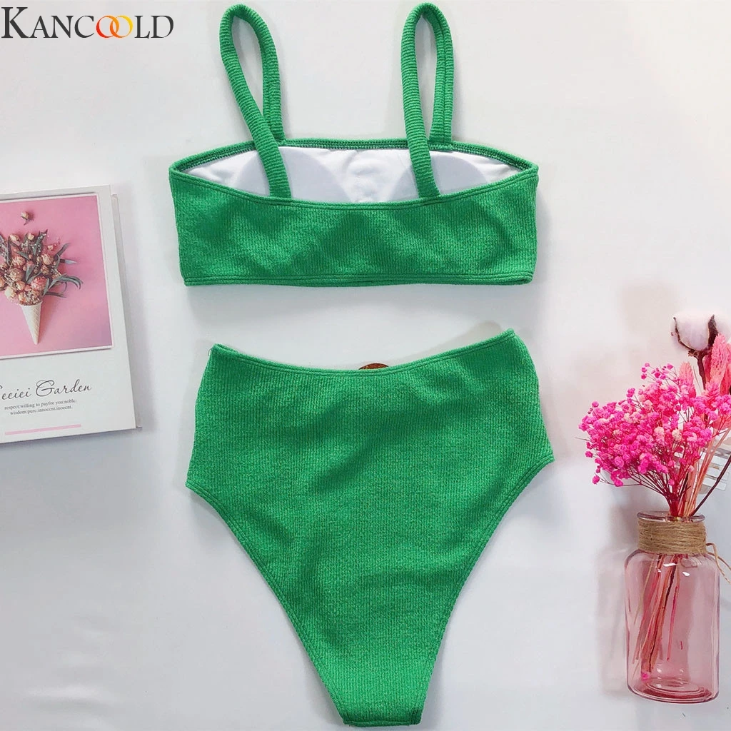 Женский волнистый текстурированный бикини с высокой талией однотонный пляжный