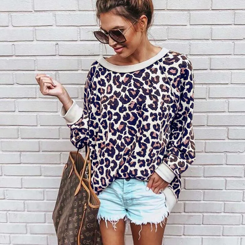 

2019 New Fashion Women Sweatshirt Round Neck Print Leopard Jersey Loose Shirt 5 Colors Women Pullovers Tops