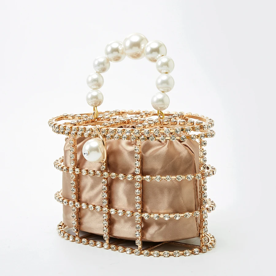 Женская вечерняя сумка клатч с жемчужной корзиной летняя металлическими