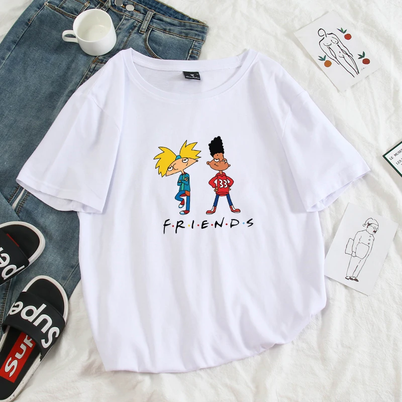 

New Summer Women Korean Fashion Short Sleeve O-neck T-shirts Cartoon Anime Friends Print Tops Harajuku Casual Couples Streetwear