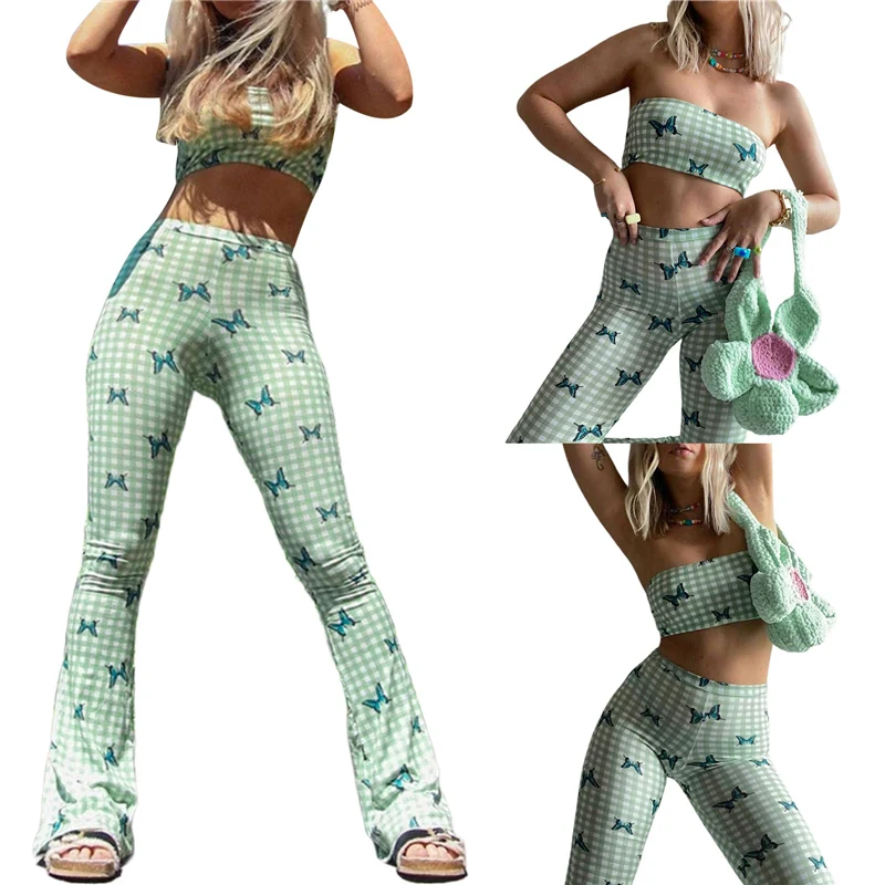 

Женский комплект из двух предметов, Зеленый Клетчатый топ с принтом бабочек и вырезом лодочкой и брюки с высокой талией