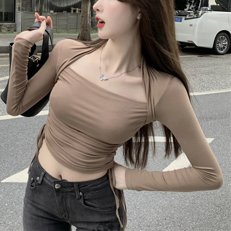 

Sexy Fake Two Long Sleeve Crop Top Tee 2021 Fall Winter Women Harajuku Korean Y2k Aesthetic Shirring Ruched Skinny Black T Shirt