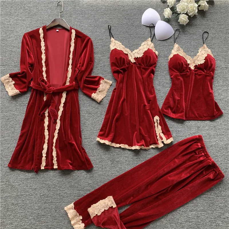 Golden Velvet Keep Warm 4 Pcs Women Robe Set Lace Sexy With Chest Spaghetti Strap Pijama | Женская одежда