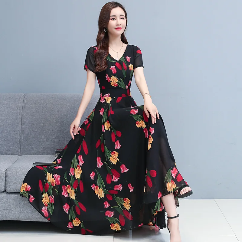 

Bohemian V-neck chiffon dress waist-length thin women's summer 2021 new temperament dress beach dress long dress