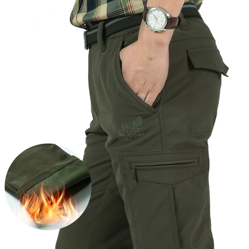 

Men's Fleece Tactical Pants Winter Warm Cargo Pant Military SoftShell Work Trousers Shark Skin Thick Waterproof Pants Large Size