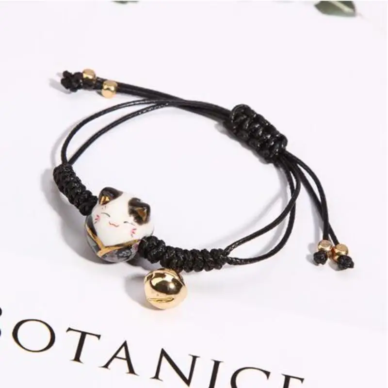 

1pc Ceramic Lucky Cat Bell Bracelet Female Student Girlfriends Hand-woven Red Colors Rope Bangle