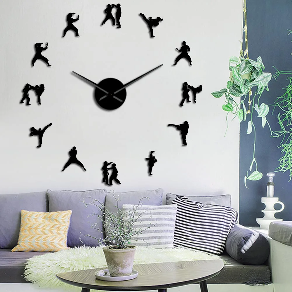 

Karate Taekwondo Large DIY Wall Clock Athlete Fighting Mirror Wall Stickers Wall Watch Clocks Living Room Decoration Horologe