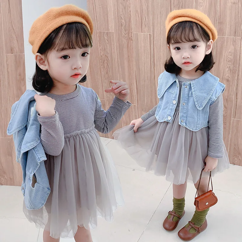 Новое модное весеннее детское платье с длинным рукавом Корейская версия