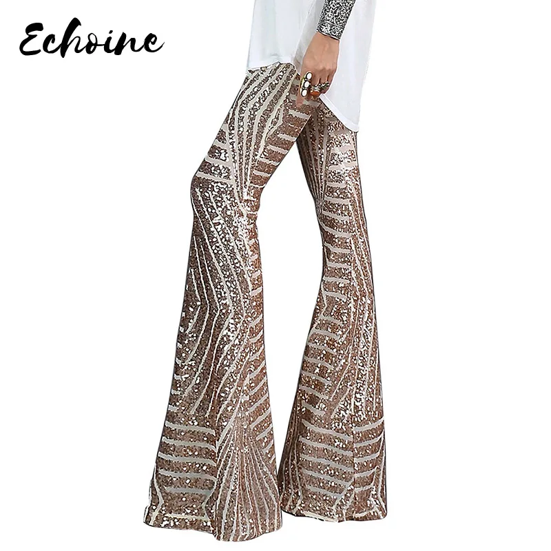 2020 Spring Women Long Wide Pants Sequins High Waist Trousers Joggers Cargo Party Night Clubwear Black Apricot | Женская одежда